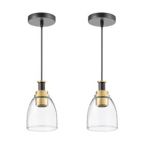 1-Light Pendant Light, 2 Pack, Kitchen Island Lights with Clear Glass Shade & Hanging Cord, Black and Gold Finish, Adjustable Height