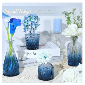 Glass Bud Vase Set of 5, Small Blue Flower Vases for Centerpieces in Bulk, Mini Vintage Vase for Wedding Decor, Single Flowers, and Home Table Dé