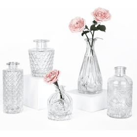 Glass Bud Vase Set of 5, Small Clear Flower Vases for Centerpieces in Bulk, Mini Vintage Vase for Wedding Decor, and Home Table Décor