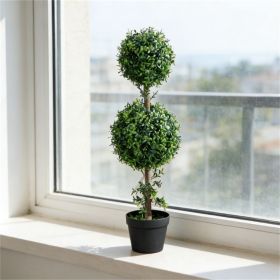 A set of 2 artificial boxwood trees, potted fake plants, simulated plants, green