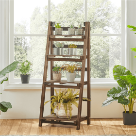 4 Tier Foldable Plant Display Stand for Patio Living Room, Natural Wood