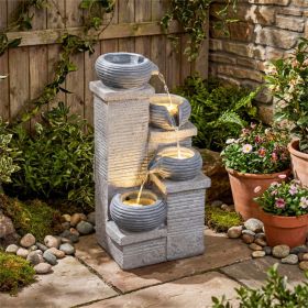 4-Tier Cascading Water Fountain with Warm White LED Lights Resin Indoor Outdoor Water Feature