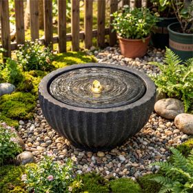 18" Round Sphere Water Fountain with 6 LED Lights Gray Resin Indoor Outdoor Water Feature