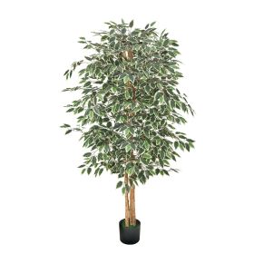 6FT Artificial Ficus Tree with Black Pot, Tall Faux Ficus Plant with Natural Wood Trunk and Realistic Green Leaves, Indoor Fake Silk Tree for Hom